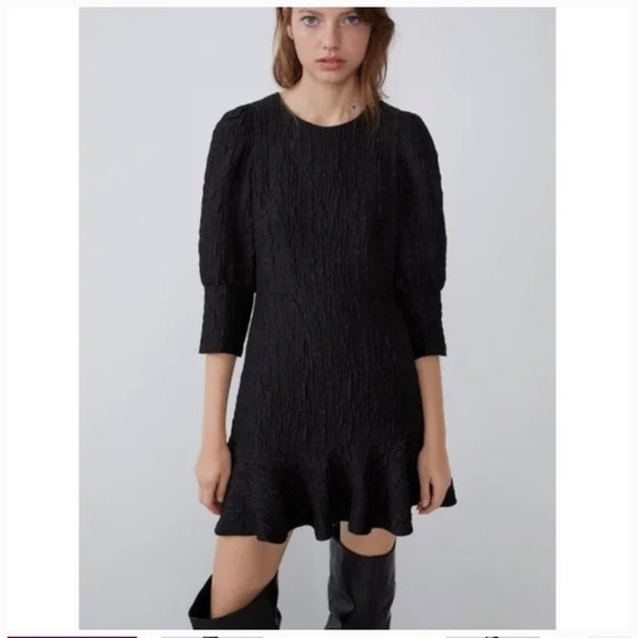 Zara mini dress Textured Weave Black Puff Princess Sleeve Ruffle Crinkle XXS - Picture 1 of 12